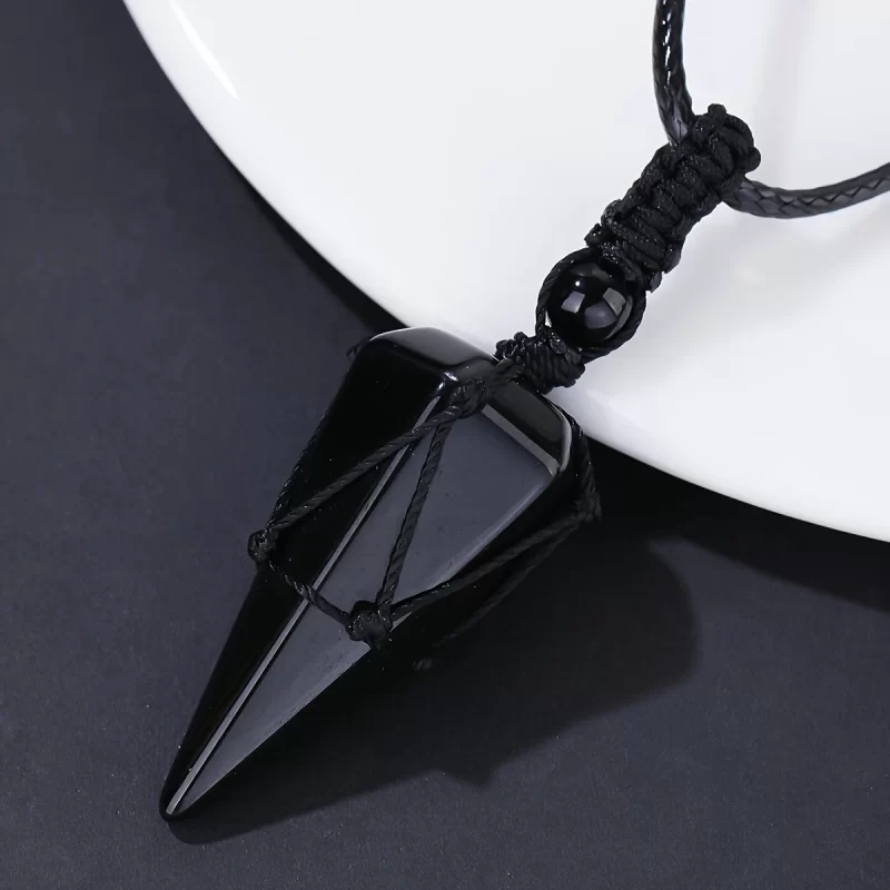 Black Lucky Cool rock crystal Obsidian Hexagonal Tapered Mesh Pocket Woven Rope Pendant Necklace - 图片 3